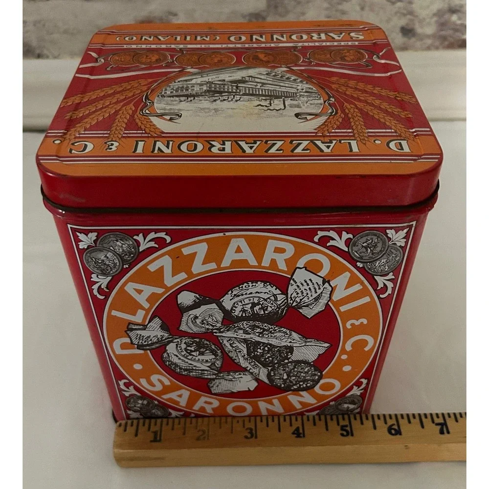 Lazzaroni Saronno Biscuit Tin Vintage Red Orange Fair Italian Amaretti Decor